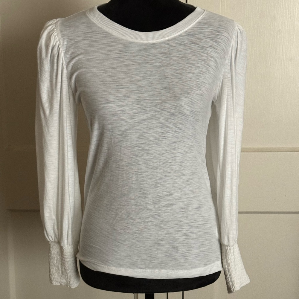Nation Ltd White Long Sleeved Tee Puffed Shoulder Pads Crew Neck Size S Cotton